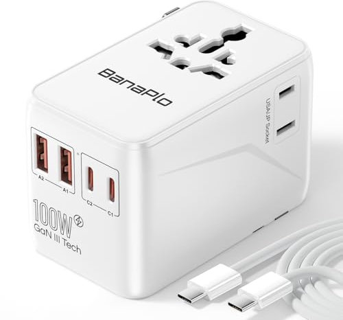 Universal Travel Adapter with 100W PD Fast Charging, Worldwide Travel Plug Adapter with 2 USB-C PD and 2 USB-A Ports QC, International Travel Adaptor for UK US EU AUS, Travel Charger for Laptop