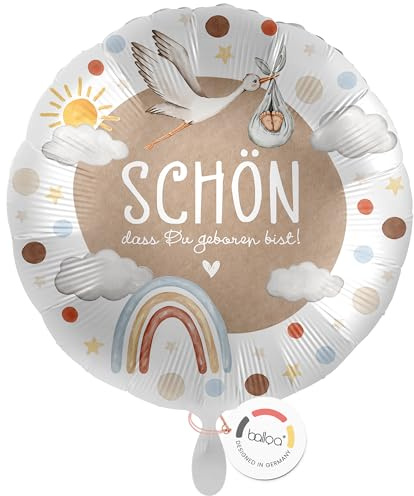balloa Folienballon Schön dass du geboren bist, XXL Deko zur Geburt, 53 cm | Storch und Regenbogen in sanften Farben, runde Form, XXL, heliumgeeignet, ungefüllt, neutrale Deko zur Geburt und Babyparty