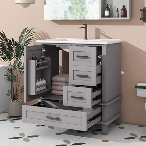 Mueble de baño de pie con lavabo, lavabo completamente lacado, estante para puerta, tres cajones silenciosos, lavabo de cerámica integrado (gris con cajones, 76 x 46 x 83,5 cm)