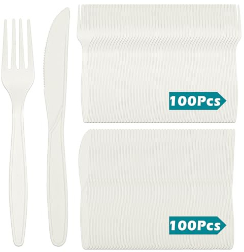 YOMKILU 200 Stück Wiederverwendbares Besteck Set, 100x Messer und 100x Gabeln, Cutlery Set für Partys, Feiern, Feste, Hochzeiten, Weiß
