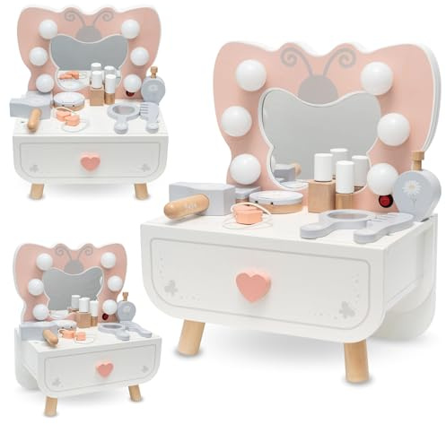 mamabrum Toeletta Bambina in Legno con Specchio LED – Mini Toeletta con Cassetto & Accessori – Tavolo Trucco Giocattolo per Ragazze dai 3 Anni – Gioco Creativo ed Educativo
