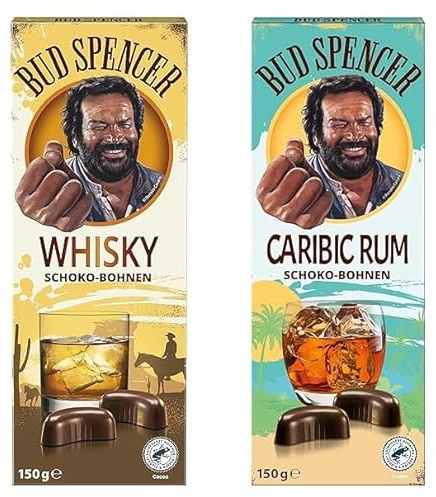 Piasten Bud Spencer Whisky & Caribic Rum Schoko-Bohnen - 2 x 150 g Doppelpack - Zartbitter-Pralinen mit Whisky- und Rumfüllung