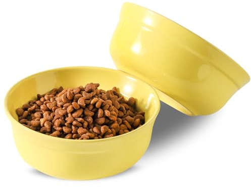 Ceramic Yellow Dog Bowl Set - 5 inch Wide Dogt Food & Water Bowl with Metal Stand