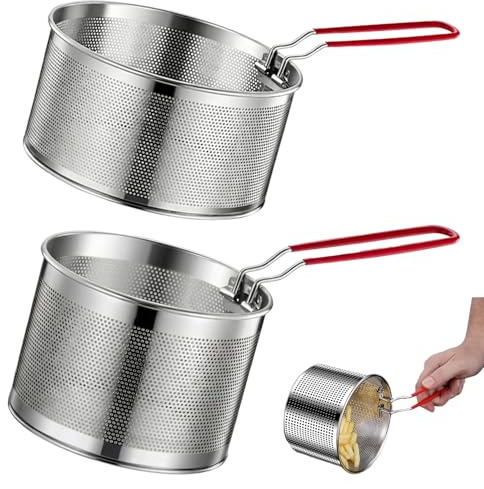 2 Stück Edelstahl Frittierkorb, Lebensmittel Siebkorb Set Nudelsieb Frittierkorb für Topf Nudelsieb mit Abnehmbarem Griff für Küche Pommes Abtropfen Frittieren Kochen