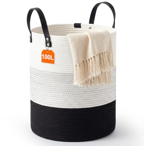 Panier à Linge 100L en Corde de Coton avec Poignées | Grande Capacité, Idéal pour le Linge, les Jouets et les Couvertures. Pliable et Adapté à Toutes les Pièces de la Maison