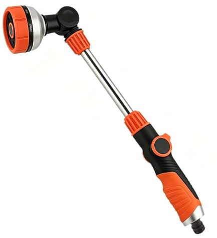 Pyralidsg Pistola Acqua Giardino, 47CM Lungo Pistola Irrigazione Giardino con Testa Girevole a 180°, Pistole per Irrigazione con 8 Modalità Regolabili, per Prato, Auto, Animali, Terrazza (Arancione)