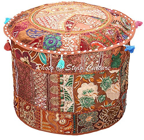 Stylo Culture Pouf Sitzbank Vintage Hocker Bankabdeckung Braun Indische Bestickt Patchwork Baumwolle Traditionelle Runde Hocker Ottoman Cover (18x18x13 Zoll) 45cm