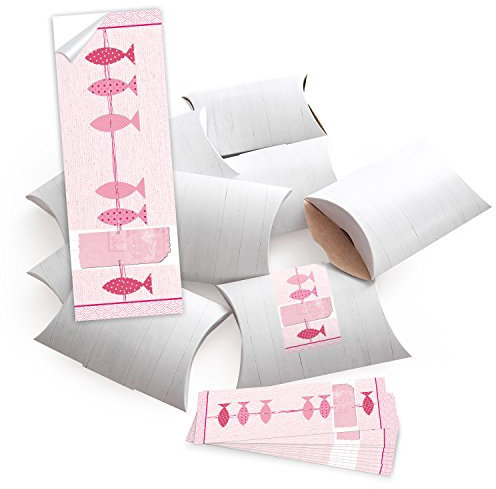 Logbuch-Verlag 25 Mini Schachteln weiß 15 x 10,5 x 3 cm + 25 FISCHE Aufkleber rosa pink - Verpackung Mitgebsel Gastgeschenk Taufe Kommunion Mädchen