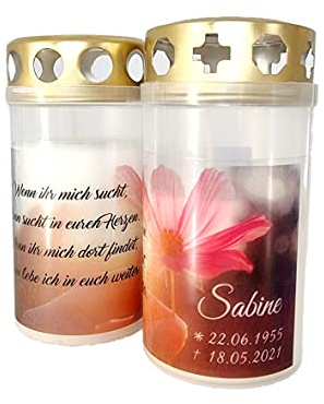 AScreativ 1 Aufkleber für Grablichter personalisiert mit Namen - Blume - Trauer Gedenklicht Grabkerzen Grabschmuck