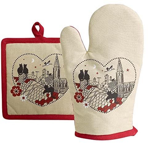 Winkler - Gant de cuisine + Manique - Gant de four - Gant plats chauds - Gant résistance chaleur - Intérieur doux - Accessoire cuisine - Chats Coeur