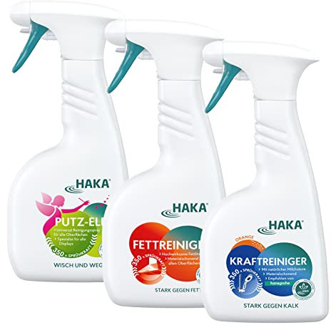 HAKA Set Sprühtrio I 500ml Kraftreiniger I 500ml Fettreiniger I 500ml Putz-Elfe I Das Reinigungs-Set für hartnäckige Verschmutzungen I Reinigungsmittel für den gesamten Haushalt