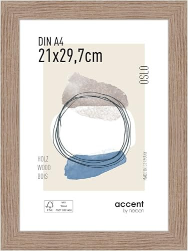 accent by nielsen Bilderrahmen, 21 x 29,7 cm (A4), Holz, Eiche, Dokumentenrahmen zum Aufhängen im Hoch- & Querformat, Echtglas, Oslo