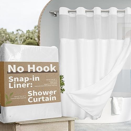 River Dream No Hook Slub Textured Shower Curtain with Snap-in PEVA Liner Set - 71 x 74(72), Hotel Style with See Through Top Window, Fabric Outer Curtain & Waterproof Inner Liner, White, 71x74