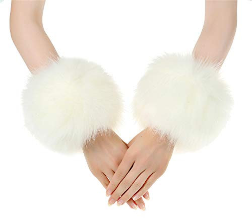 Fancylovesotio Damen-Armstulpen aus Kunstfell, Handgelenkmanschetten, Winterbänder, Pelzwärmer, Party-Kostüm, Weiss/opulenter Garten, Large