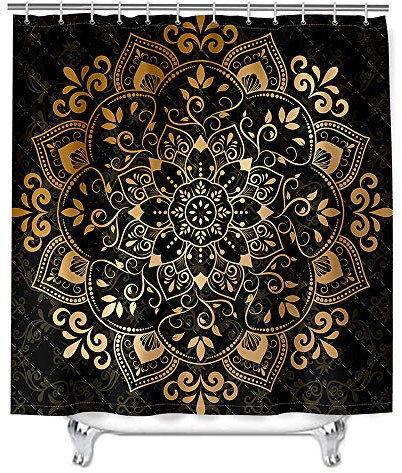 Hiser Duschvorhang aus Polyester Wasserdichter, Waschbare Duschvorhänge mit 12 Duschvorhangringen, Mandala Drucken Badewannevorhang für Badezimmer (Goldenes Mandala,180x200cm)