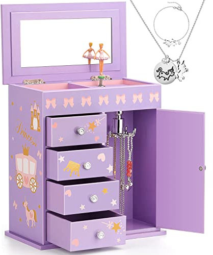 efubaby Upgrade Schmuckschatulle für Mädchen, 5lagig, mit Schwingtür, drehendes BallerinaEinhorn und SchlossDesign, EinhornSchmuckSet, inklusive KinderSchmuckschatulle für kleine Mädchen,