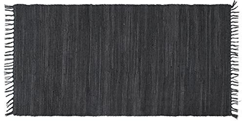 ABC Italia Flickenteppich, Fleckerlteppich, Teppich waschbar, Baumwolle, Fransen, einfarbig, nachhaltiger Handwebteppich, Farbe:Dark Grey, Größe:120 x 180 cm
