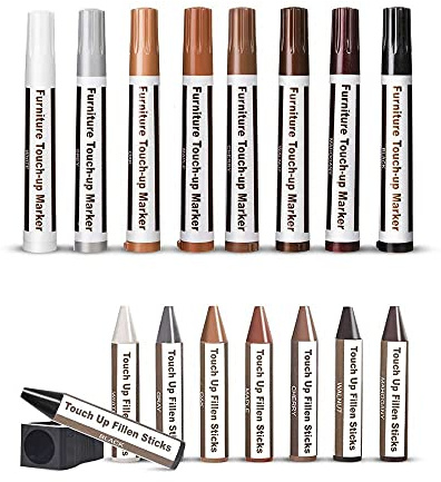 Furniture Repair Kit Wood Markers Set of 17-8 Markers and 8 Wax Sticks with 1 Sharpener - for Stains, Scratches, Floors, Tables