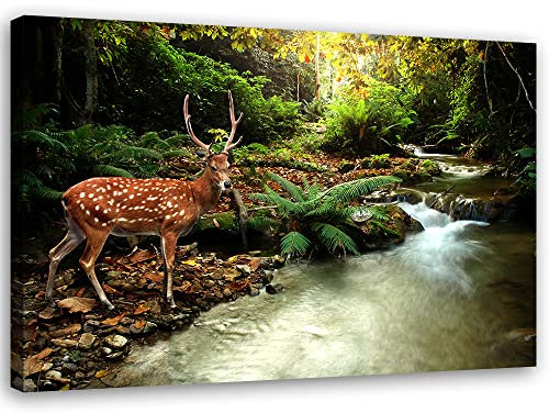 Feeby Vlies Leinwandbild XXL Reh Geweih Hirsch Wald 120x80 cm Wandbild Kunst Bilder Schlafzimmer Deko Wohnzimmer Wildes Tier Fluss Bäume Natur Grün