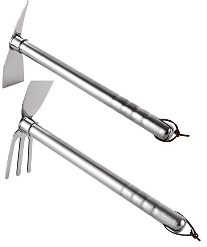 JMIATRY 2 Pcs Hoe Garden Tool, 2 in 1 Garden Hoe and Rake and 2 in 1 Shovel and Pickaxe, Stainless Steel Digging Hoe Garden Tools for Loosening Digging Weeding Seedling Transplanting Cultivation