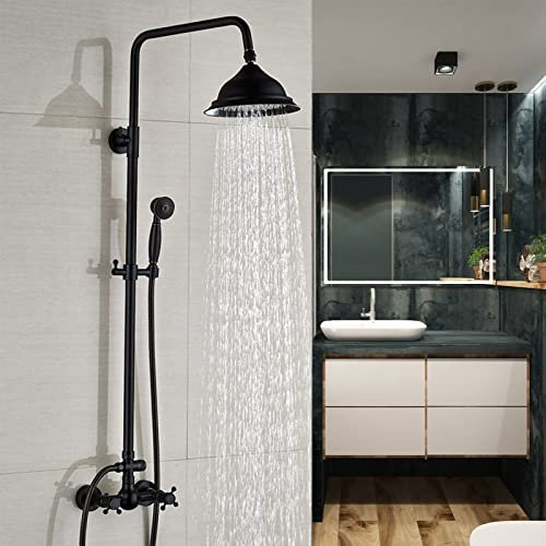 Sistema de ducha de lluvia con termostato, juego de ducha sin grifo, cabezal de ducha de mano de 20 cm, columna de ducha regulable en altura, 90-118 cm, color negro