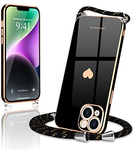 Wirvyuer Handyband Kompatibel mit iPhone 14 Handyhülle Necklace Hülle mit Band zum Umhängen Kameraschutz Liebesherz Schutzhülle mit Halsband Galvanik Silikon Umhängetasche für iPhone 14 Schwarz
