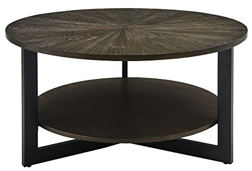 PADMA HOUSE Table basse ronde en bois massif, de salon, canapé, structure métal, à 2 étages, (vintage noir), ⌀85*45,5 cm, (1336)