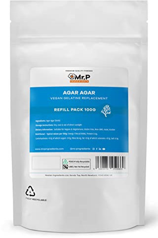 Mr.P Ingredients Agar Agar 100g Powder Vegan Gelatine Replacement Ideal for Jelly Mousse Molecular Gastronomy Gelling Agent Vegan Vegetarian Halal Kosher Non-GMO Resealable Pouche