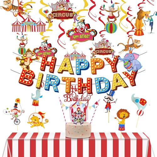 Zirkus Geburtstag Deko Kindergeburtstag Banner HAPPY BIRTHDAY Kuchendeko Deckenhänger Tischdecke Rot