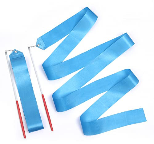 KINBOM 2pcs Rubans de Danse, 2m Long Rubans Danse Tourbillonnant Ruban de Gymnastique pour Enfant Danse Artistique Formation Fête, avec Baguette de Danseur de Ruban (Ciel Bleu)