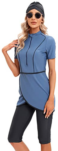Burkini Damen Muslim Frauen Muslimische Bademode Modest Tankini Islamisch Arabisch Jilbab Kurzärm Schwimmoberteile+Schwimmhose+Hijab Khimar 3tlg Ganzkörper Neoprenanzug Schwimmanzug Nebelblau S