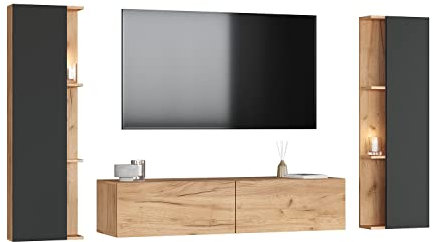 Planetmöbel TV Wohnwand Wohnzimmer 140 cm Gold Eiche, mit 2X 40cm Seitenschränken Gold Eiche/Anthrazit