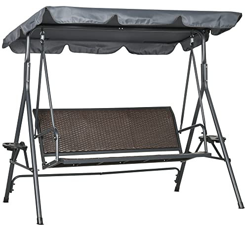 Outsunny Dondolo da Giardino 3 Posti in Rattan PE e Acciaio con Tettuccio Regolabile e Portabicchieri, 204x112x150 cm, Grigio e Marrone