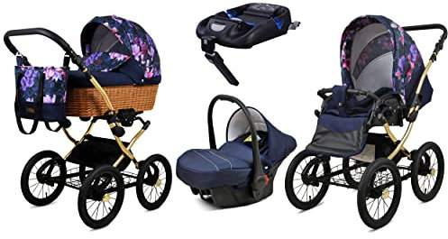BabyLux Kinderwagen 4in1 mit Autositz für Kleinkinder – Kinderwagen für Neugeborene und Kleinkinder –– Baby Neugeborenen Kinderwagen – ISOFIX Autositzbasis – Max 15kg – Royal Magnolia Gold Frame