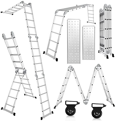 Randaco 7in1 Mehrzweckleiter, 470CM 4x4 Aluminium Vielzweckleiter Klappleiter mit 2 Plattform und Räder, Multifunktionsleiter 16 Sprossen, Max Belastung 150 kg, Gelenkleiter