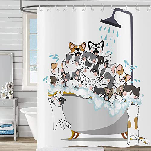Hnmdmyi Rideau de Douche Drôle 90x180, Animal de Bande Dessinée Chat et Chien Enfants Coloré Adorable Hilarant, Imperméable Polyester Tissu pour Bain