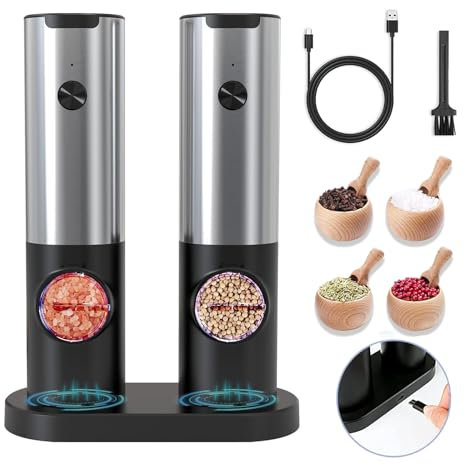 Podazz Electric Pepper Grinder Mills Set of 2, USB Rechargeable Salt and Pepper Grinder with Charging Base Adjustable Coarseness Ceramic Grinder, One Hand Operation with LED Light