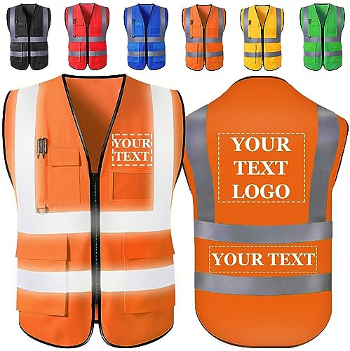 WBgjsnklbnl Gelbe Weste, personalisierbar, mit Logo/Text/Namen, hohe Sichtbarkeit, mit Taschen und Reißverschluss, lose für Frauen und Männer, Orange, Medium