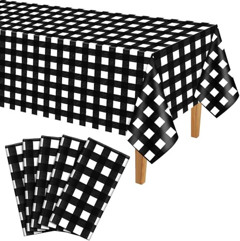 PLULON 5 Pack Black and White Checkered Flag Tablecloths Plastic Buffalo Plaid Table Cover Gingham Black Tablecloth 54x108 inch for Race Car Picnic Baby Shower Birthday Party Dinner Table Decorations