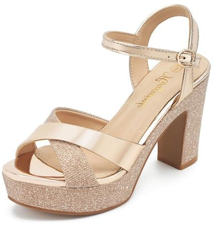 hingswink Womens Sparkly Platform Dress Sandals for Women Chunky Block Heel 3.8 Inch High Heels Open Toe with Strap for Women Comfortable Sexy Dressy Prom Wedding Party Evening Shoes, Rose Gold, 4 UK