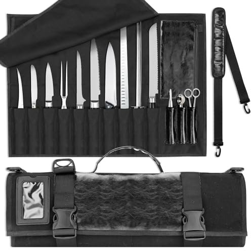 WISEPRO Chefs Knife Roll Bag, Heavy Duty Canvas & Leather Knife Case, Waterproof Knife Case with 10 Slots & 1 Detachable Storage Bag, for Home Kitchen Camping Hiking