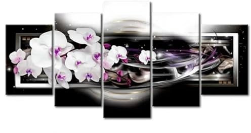 Diamond Painting 5 Teilig Groß XXL Orchidee Weiß Diamant Painting Bilder Basteln Erwachsene 50x25cm Diamond Art Painting, DIY Voll Diamant Malerei Stickerei Kreuzstich für Room Decor Wohnwand N-3876