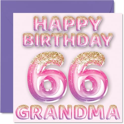 66th Birthday Card for Grandma, Pink & Purple Glitter Balloons | Happy Birthday Cards for 66 Year Old Grandma from Grandson Granddaughter, 145mm Bday Greeting Cards Gift