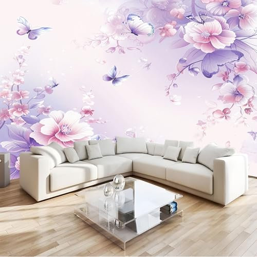 Papier Peint 3D Panoramique Fleurs Roses Papillon Intissé Murale Tapisserie Rose pour Salon Chambre Restaurant Couloir TV Fond Décor Mural 350x256cm