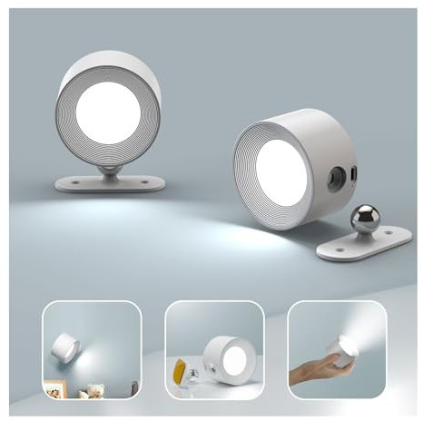 Feallive Lámpara de pared LED, Apliques Interior 2 Pcs puerto de carga USB, Control táctil 3 niveles de brillo temperatura de 3 colores Focos de pared libremente giratorio luces (Blanco)
