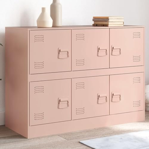 Capwee Meuble de Rangement Bureau Buffet en Métal Armoire de Rangement Salon Armoire Métallique à Casiers pour Salon Bureau Chambre-Rose-99x39x73 cm-2