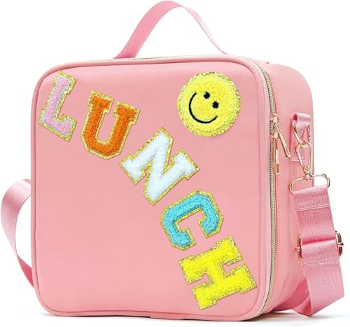 IDAHSOR Insulated Lunch Bag Women Lunch Box Kids for Teen Girls Boys, Cute Preppy Lunch Boxes with Adjustable Shoulder Strap, Waterproof Nylon Lunchbox Lunch Bags for School Work Picnic (Pink)