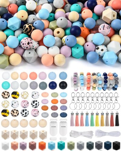 MyoePosy 249PCS Silicone Beads, Silicone Beads for Keychain Making Kit, 15mm Silicone Beads Bulk for DIY Bracelets and Necklace Crafts, Mixed Color Round Rubber Beads for Making Keychain