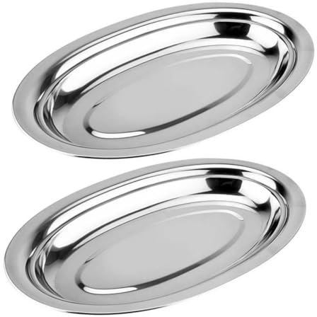 Ciieeo Lot De 2 Assiettes Ovales En Acier Inoxydable Et Plateaux Argentés Pour Le Service Des Aliments Et Des Dîners