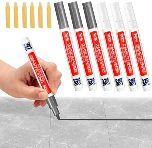 Lot de 6 stylos à joints gris - Étanche - Avec pointe de rechange - Anthracite - Stylo de réparation pour carrelage, carrelage, cuisine, salle de bain